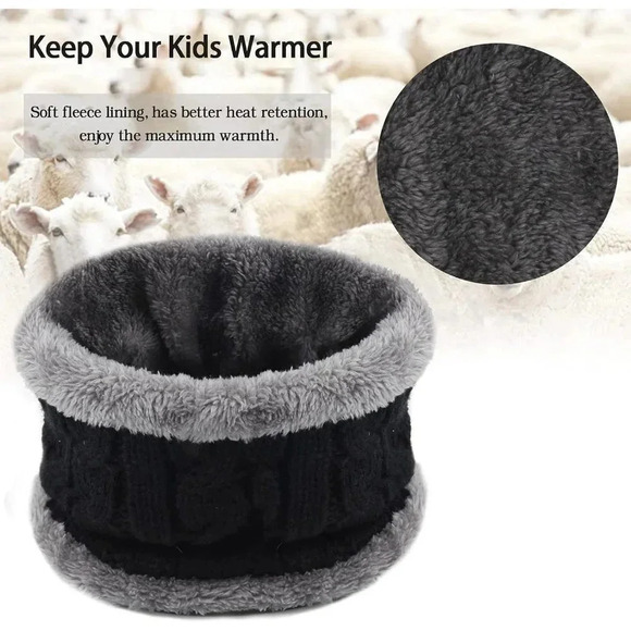 Kids Boys Girls Winter Warm Knit Beanie Hat Cap Neck Scarf Set with Fleece - Picture 4 of 6